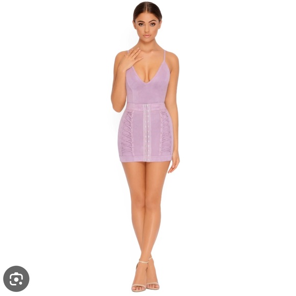 BNWT Oh Polly Turn of the Tied Suede Mini skirt & bodysuit in Mauve - Picture 2 of 8